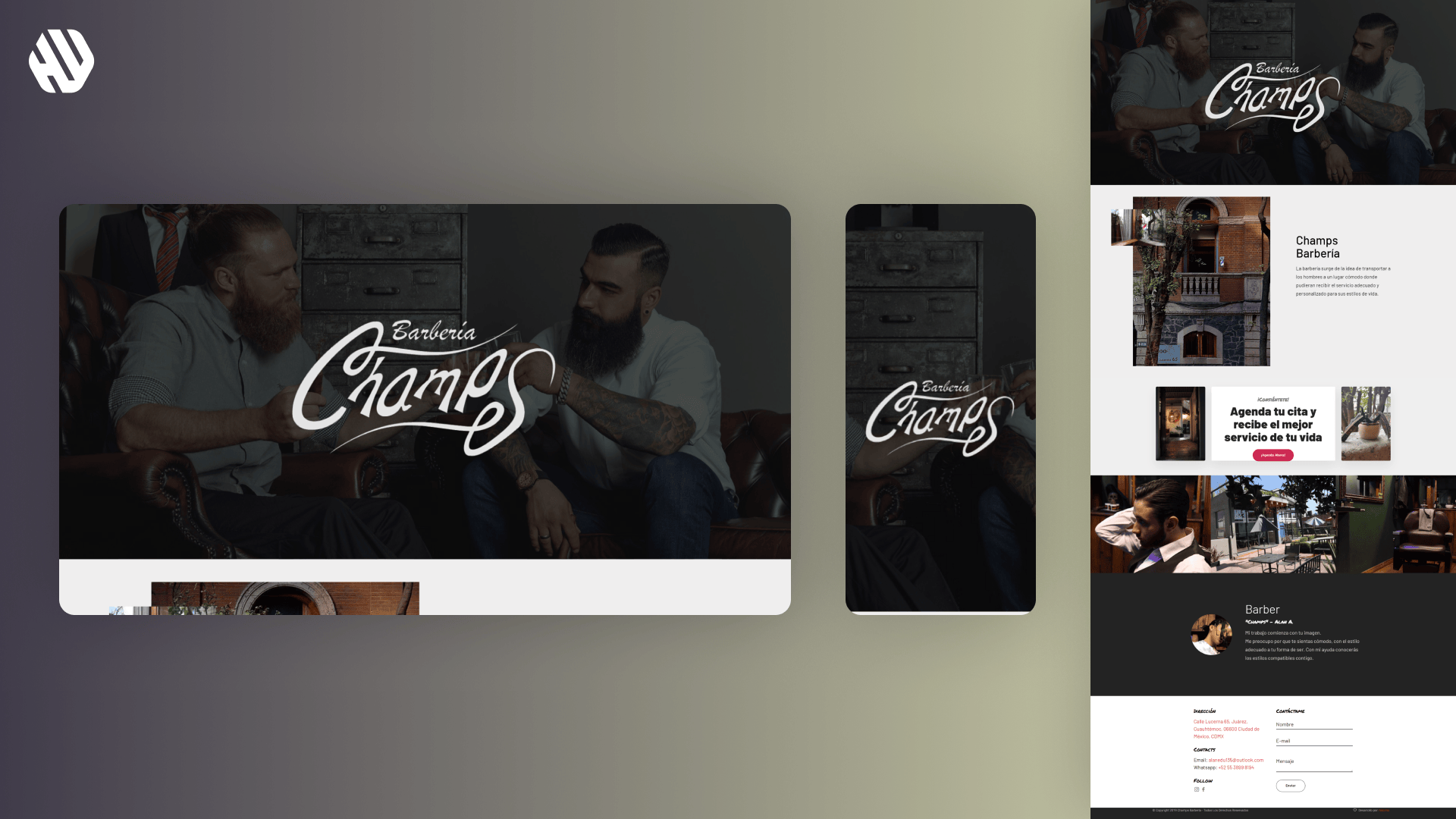 Mockup of Barbieria Champs website featuring bearded men in a barbershop-themed layout.